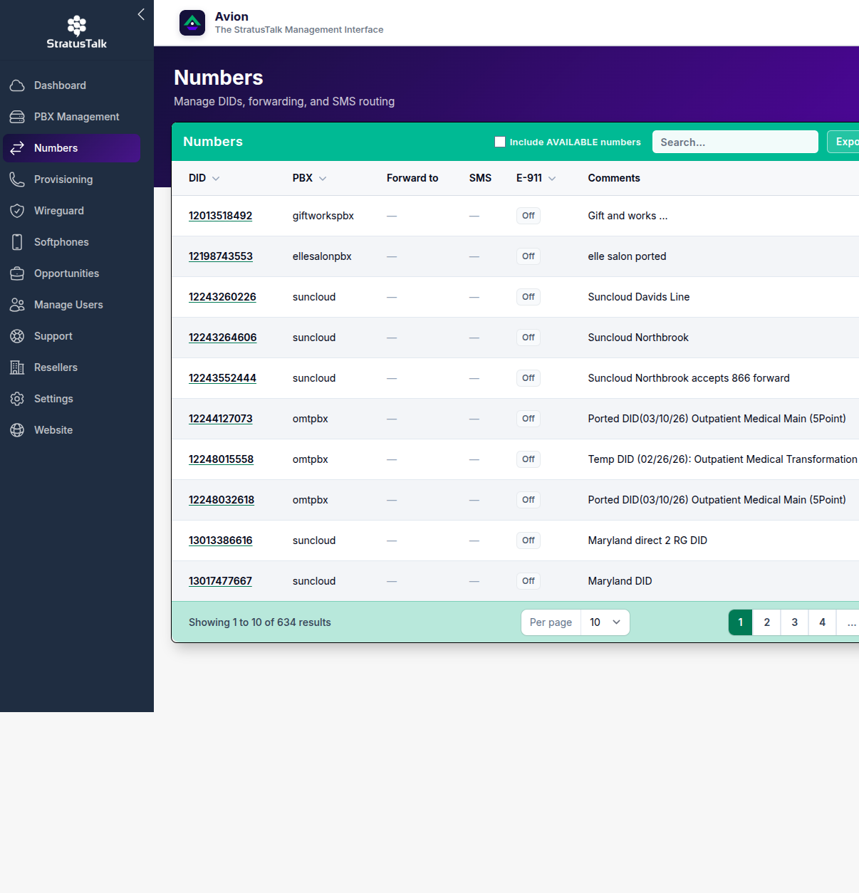 Avion Numbers — DID and SMS routing