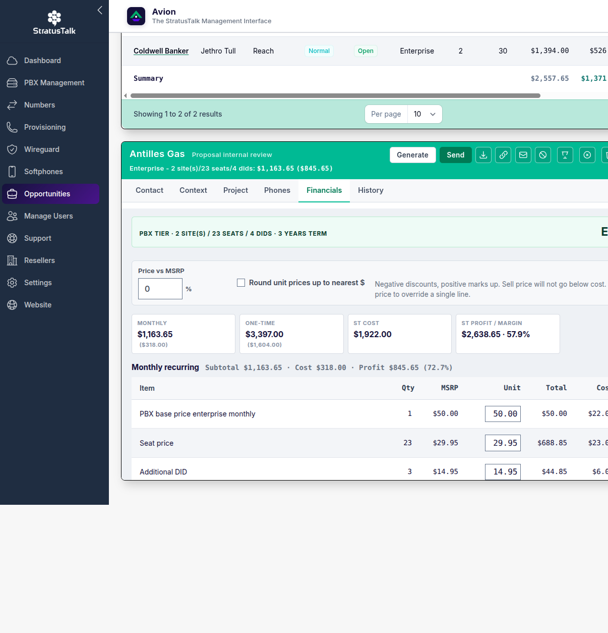 Avion deal financials and proposal generation